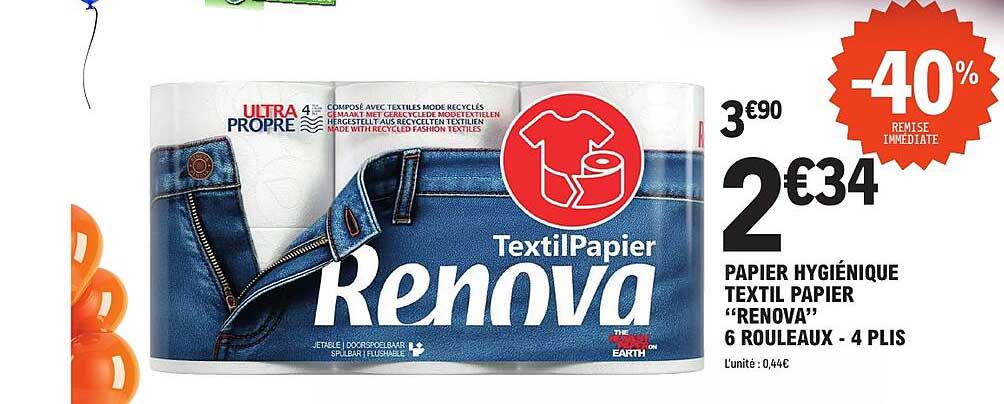 PAPIER HYGIÉNIQUE TEXTIL PAPIER “RENOVA” 6 ROULEAUX - 4 PLI