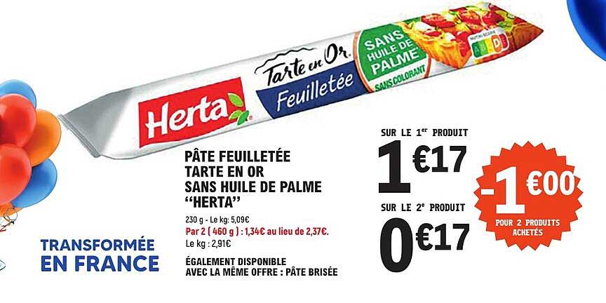 PÂTE FEUILLETÉE TARTE EN OR SANS HUILE DE PALME “HERTA”