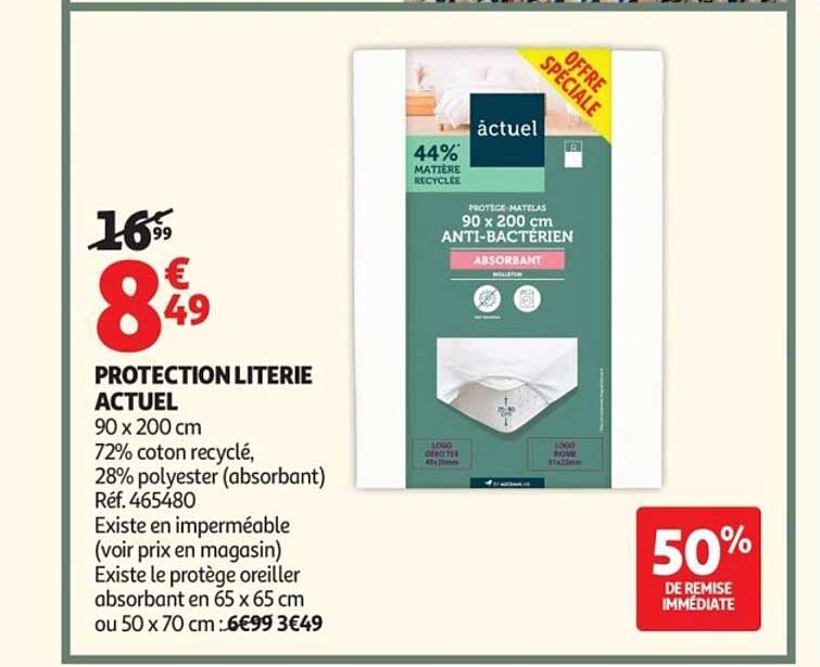 PROTECTION LITERIE ACTUEL 90 x 200 cm 72% coton recyclé, 28% polyester (absorbant) Réf. 465480