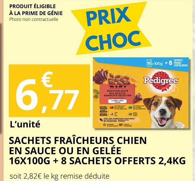 SACHETS FRAÎCHEURS CHIEN EN SAUCE OU EN GELÉE 16X100G + 8 SACHETS OFFERTS 2,4KG