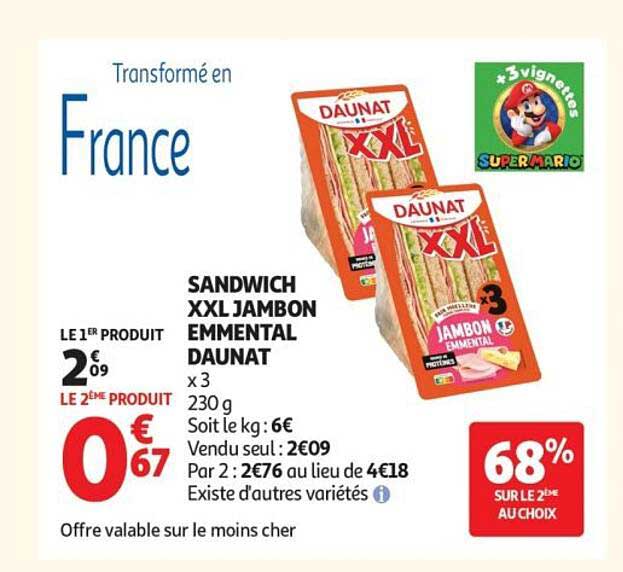 SANDWICH XXL JAMBON EMMENTAL DAUNAT x 3 230 g