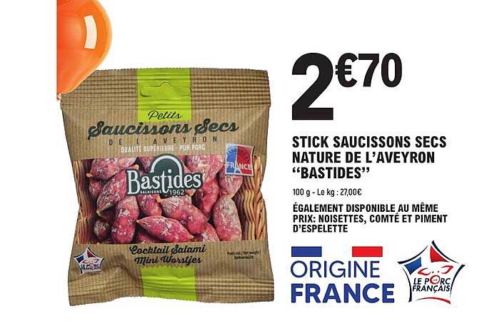 STICK SAUCISSONS SECS NATURE DE L’AVEYRON “BASTIDES”