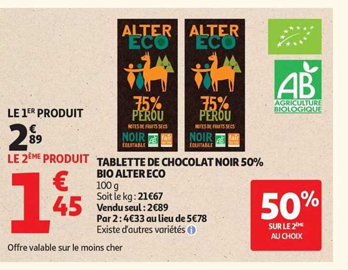 TABLETTE DE CHOCOLAT NOIR 50% BIO ALTER ECO