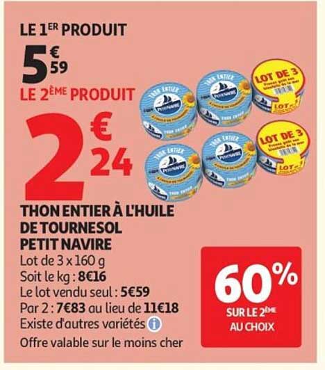 THON ENTIER À L'HUILE DE TOURNESOL PETIT NAVIRE