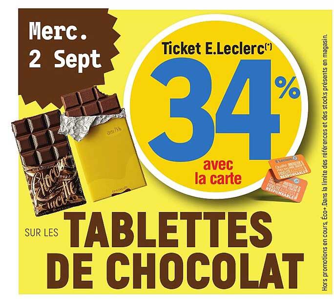 Ticket E.Leclerc 34% avec la carte sur les tablettes de chocolat