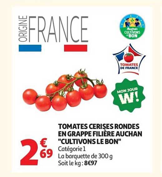 TOMATES CERISES RONDES EN GRAPPE FILIÈRE AUCHAN "CULTIVONS LE BON"