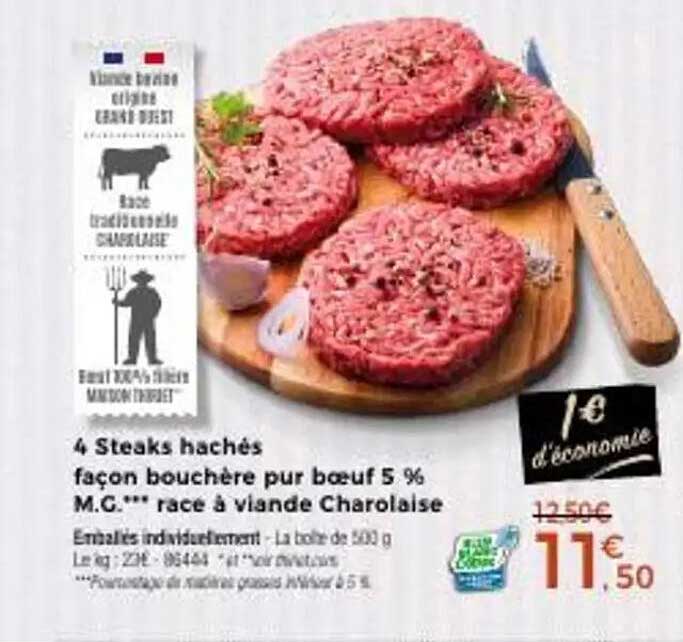 4 Steaks hachés façon bouchère pur bœuf 5 % M.G.*** race à viande Charolaise