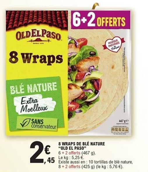 8 WRAPS DE BLÉ NATURE "OLD EL PASO" 6 + 2 OFFERTS