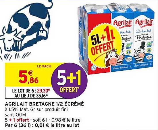 AGRILAIT BRETAGNE 1/2 ÉCRÉMÉ 5L + 1L OFFERT