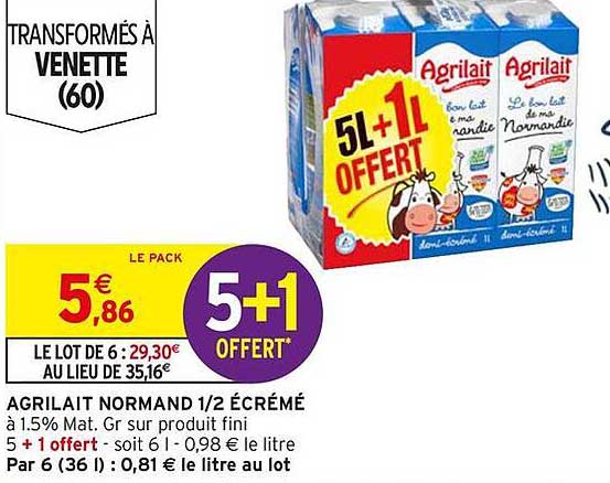 AGRILAIT NORMAND 1/2 ÉCRÉMÉ 5L + 1L OFFERT