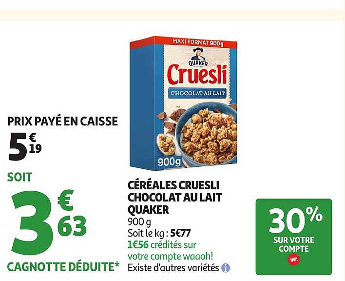 CÉRÉALES CRUESLI CHOCOLAT AU LAIT QUAKER
