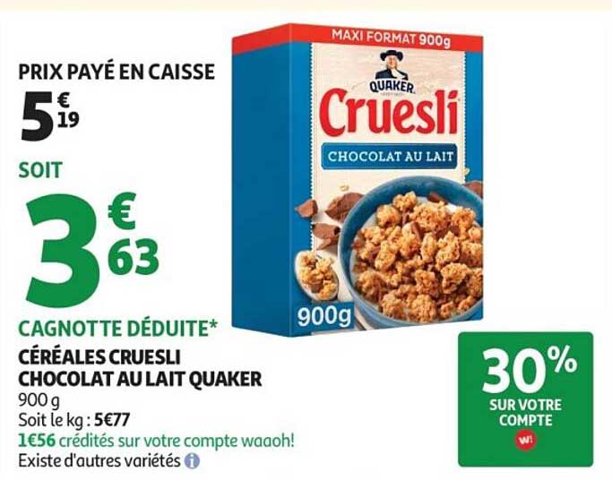 CÉRÉALES CRUESLI CHOCOLAT AU LAIT QUAKER