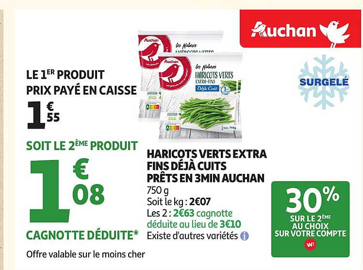 HARICOTS VERTS EXTRA FINS DÉJÀ CUITS PRÊTS EN 3 MIN AUCHAN