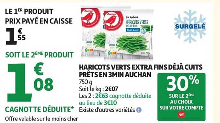HARICOTS VERTS EXTRA FINS DÉJÀ CUITS PRÊTS EN 3MIN AUCHAN