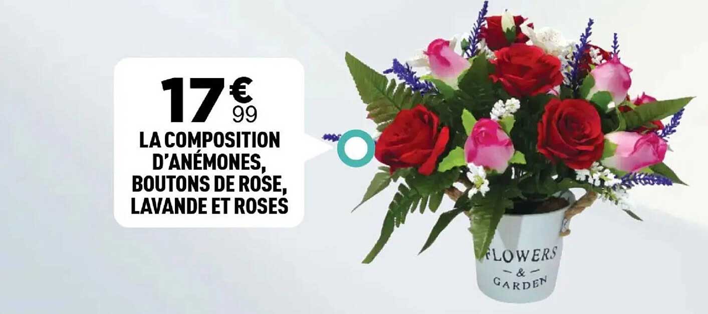 LA COMPOSITION D’ANÉMONES, BOUTONS DE ROSE, LAVANDE ET ROSES