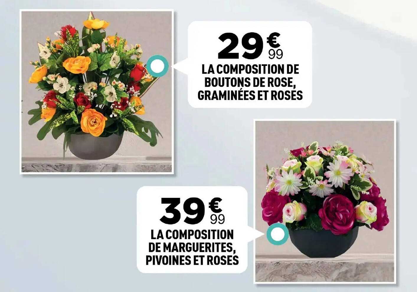 LA COMPOSITION DE BOUTONS DE ROSE, GRAMINÉES ET ROSES