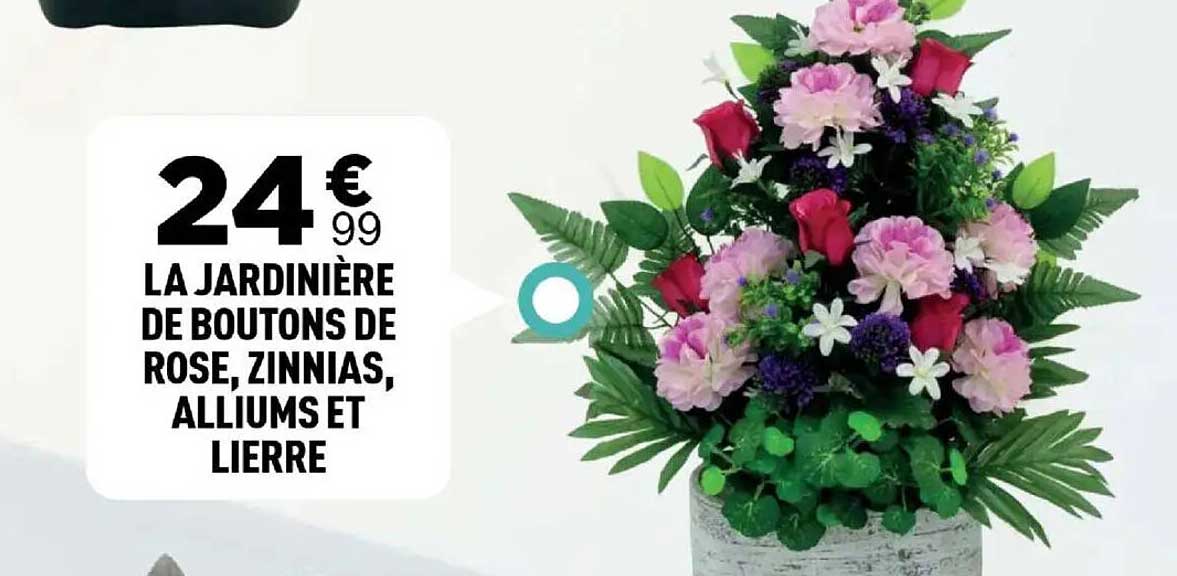 LA JARDINIÈRE DE BOUTONS DE ROSE, ZINNIAS, ALLIUMS ET LIERRE