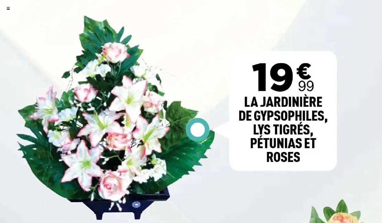 LA JARDINIÈRE DE GYPSOPHILES, LYS TIGRÉS, PÉTUNIAS ET ROSES