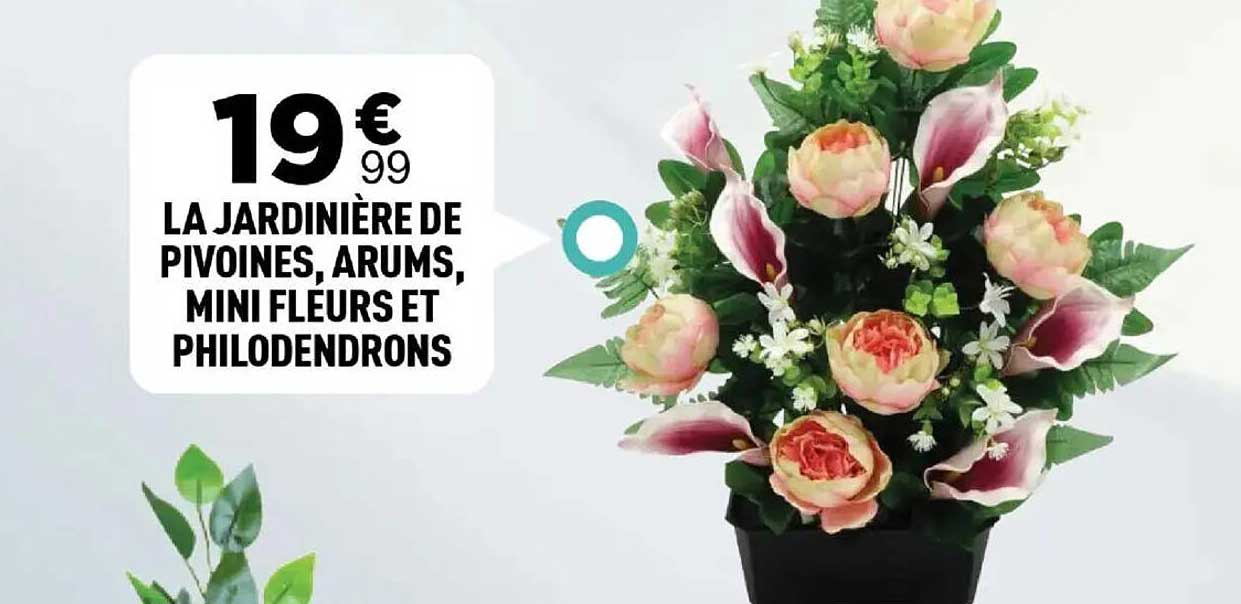 LA JARDINIÈRE DE PIVOINES, ARUMS, MINI FLEURS ET PHILODENDRONS