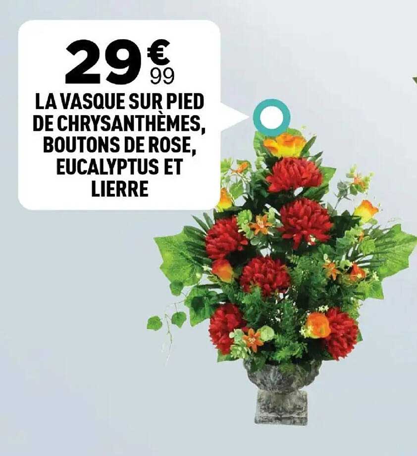 LA VASQUE SUR PIED DE CHRYSANTHÈMES, BOUTONS DE ROSE, Eucalyptus ET LIERRE