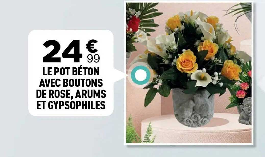 LE POT BÉTON AVEC BOUTONS DE ROSE, ARUMS ET GYP-SOPHILES
