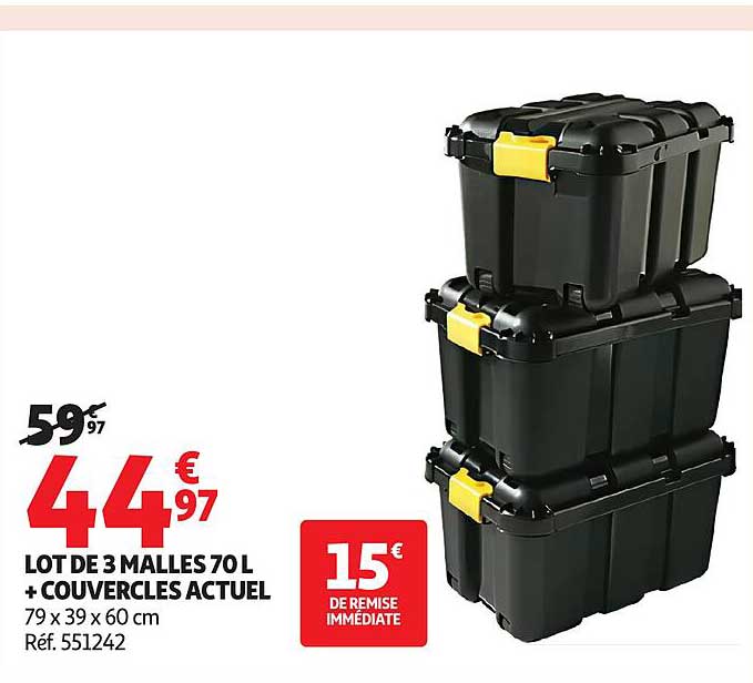 LOT DE 3 MALLES 70 L + COUVERCLES ACTUEL