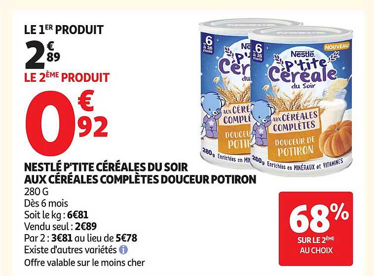 NESTLÉ P'TITE CÉRÉALES DU SOIR AUX CÉRÉALES COMPLÈTES DOUCEUR POTIRON
