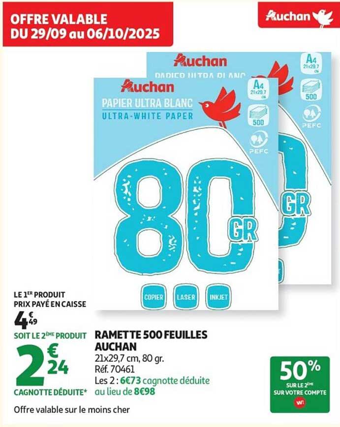 Papier Ultra Blanc - Ramette 500 Feuilles Auchan