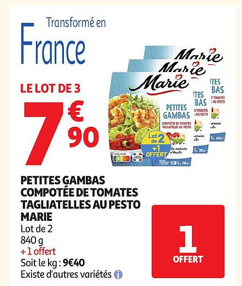 PETITES GAMBAS COMPOTÉE DE TOMATES TAGIATELLES AU PESTO MARIE