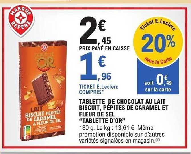 TABLETTE DE CHOCOLAT AU LAIT BISCUIT, PÉPITES DE CARAMEL ET FLEUR DE SEL "TABLETTE D'OR"