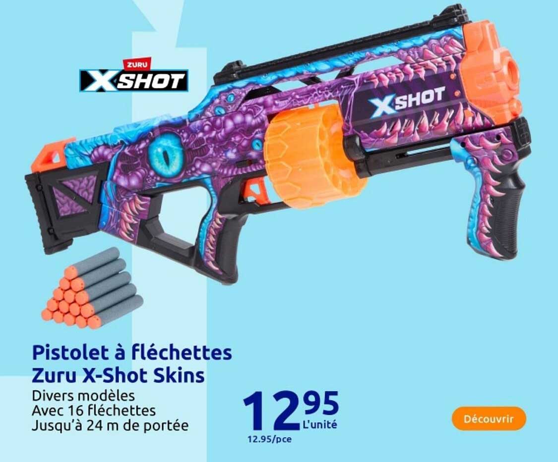 ZURU XSHOT Skins – Lot De 4 Pistolets Menace Avec 24 Fléchettes Air-pocket, Portée 24 M, Skins Interchangeables