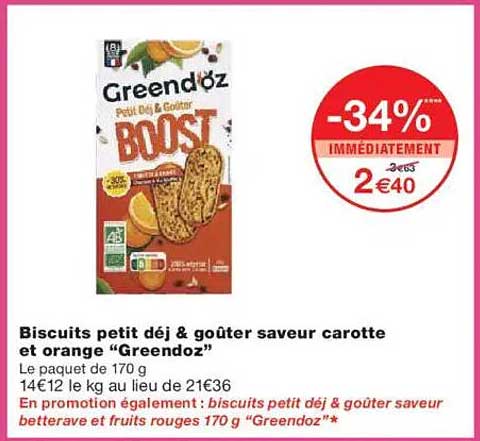 Biscuits petit déj & goûter saveur carotte et orange “Greendoz”