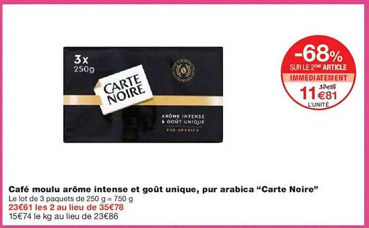 Café moulu arôme intense et goût unique, pur arabica "Carte Noire"