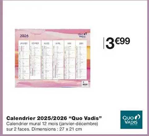 Calendrier 2025/2026 “Quo Vadis”