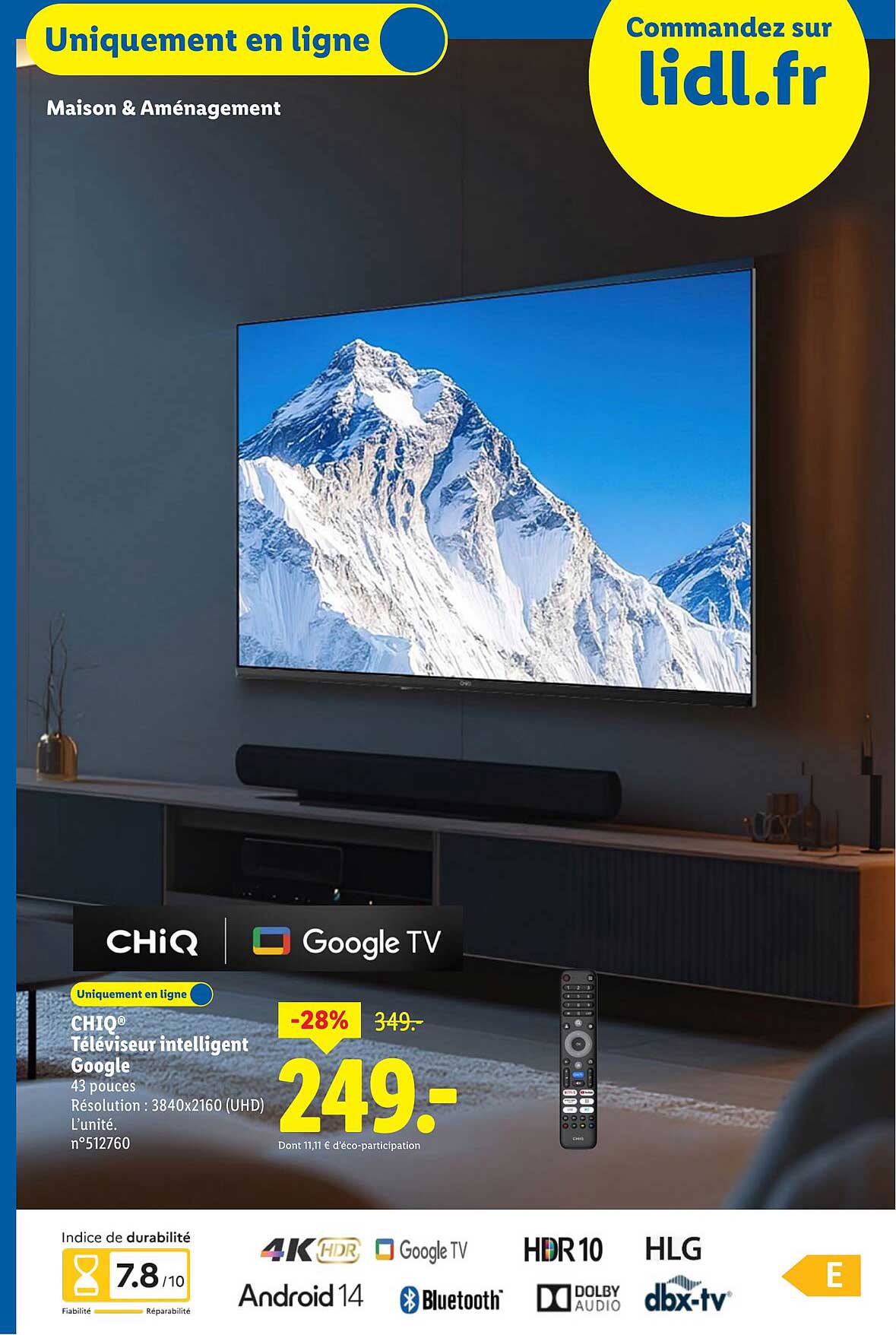 CHIQ® Téléviseur intelligent Google 43 pouces