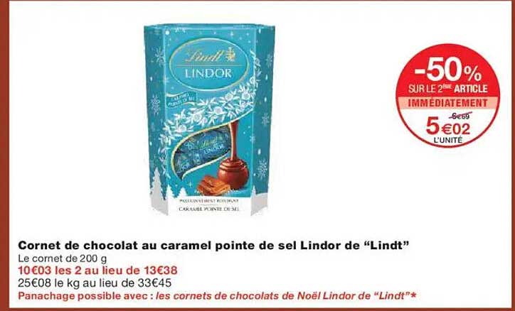 Cornet de chocolat au caramel pointe de sel Lindor de "Lindt"