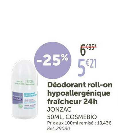 Déodorant roll-on hypoallergénique fraîcheur 24h