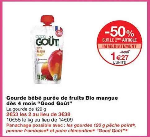 Gourde bébé purée de fruits Bio mangue dès 4 mois "Good Goût"