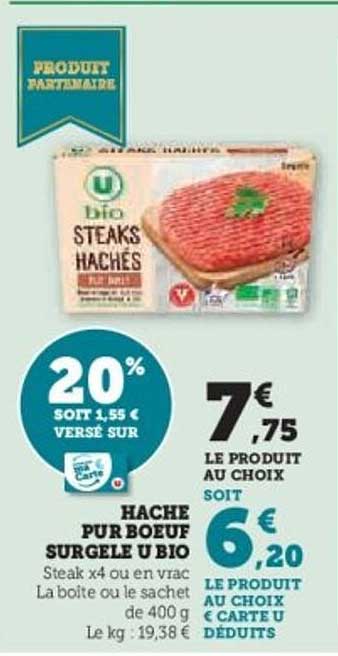 HACHÉ PUR BŒUF SURGELÉ U BIO