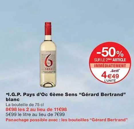 I.G.P. Pays d’Oc 6ème Sens “Gérard Bertrand” blanc