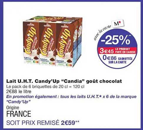 Lait U.H.T. Candy’Up "Candia" goût chocolat