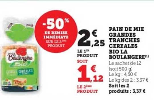 PAIN DE MIE GRANDES TRANCHES CEREALES BIO LA BOULANGERE