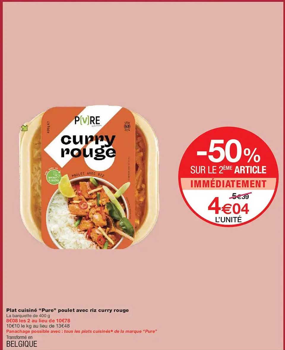 Plat cuisiné "Pure" poulet avec riz curry rouge