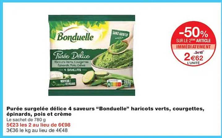 Purée surgelée délice 4 saveurs "Bonduelle" haricots verts, courgettes, épinards, pois et crème