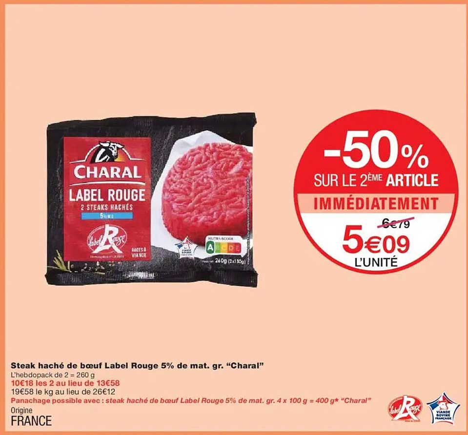 Steak haché de boeuf Label Rouge 5% de mat. gr. "Charal"