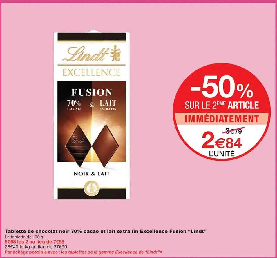 Tablette de chocolat noir 70% cacao et lait extra fin Excellence Fusion "Lindt"