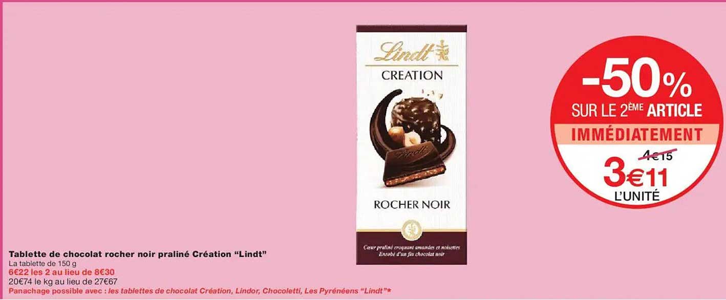 Tablette de chocolat rocher noir praliné Création "Lindt"