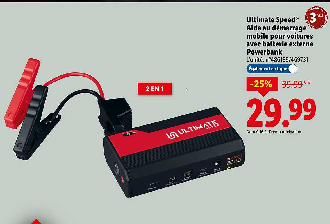 Ultimate Speed® Aide au démarrage mobile pour voitures avec batterie externe Powerbank