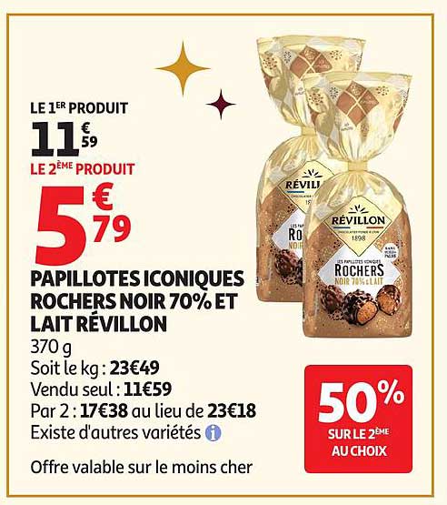 PAPILLOTES ICONIQUES ROCHERS NOIR 70% ET LAIT RÉVILLON