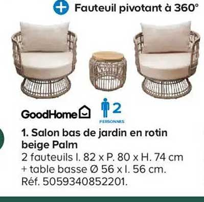 1. Salon bas de jardin en rotin beige Palm